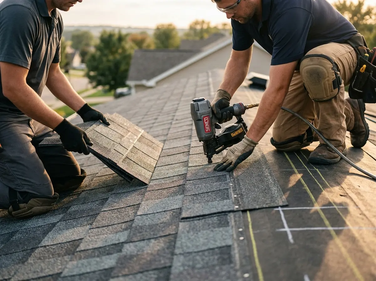 Professional roofer working on a residential roof in Ypsilanti